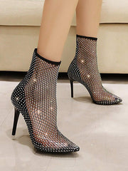 Women's Fashionable Diamond & Breathable High Heel & Hollow Out & Solid Color & Elasticity Riding Boots - Hues