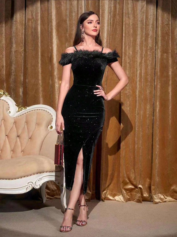 Modely Fuzzy Trim Cold Shoulder Split Thigh Velvet Dress - Hues
