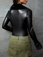 ICON Borg Collar Zipper Crop PU Leather Jacket - Hues
