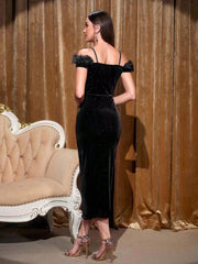 Modely Fuzzy Trim Cold Shoulder Split Thigh Velvet Dress - Hues