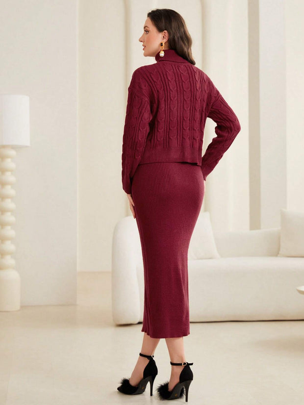 Mulvari Women'S Cable Knitted Sweater And Knitted A-Line Skirt Set - Hues