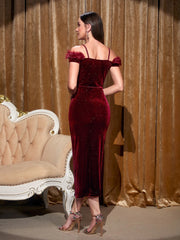 Modely Fuzzy Trim Cold Shoulder Split Thigh Velvet Dress - Hues