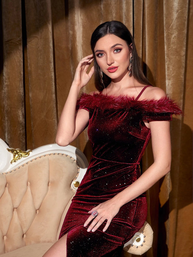 Modely Fuzzy Trim Cold Shoulder Split Thigh Velvet Dress - Hues