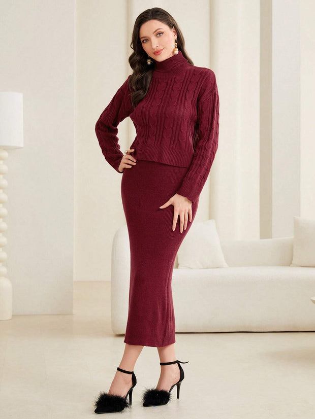 Mulvari Women'S Cable Knitted Sweater And Knitted A-Line Skirt Set - Hues