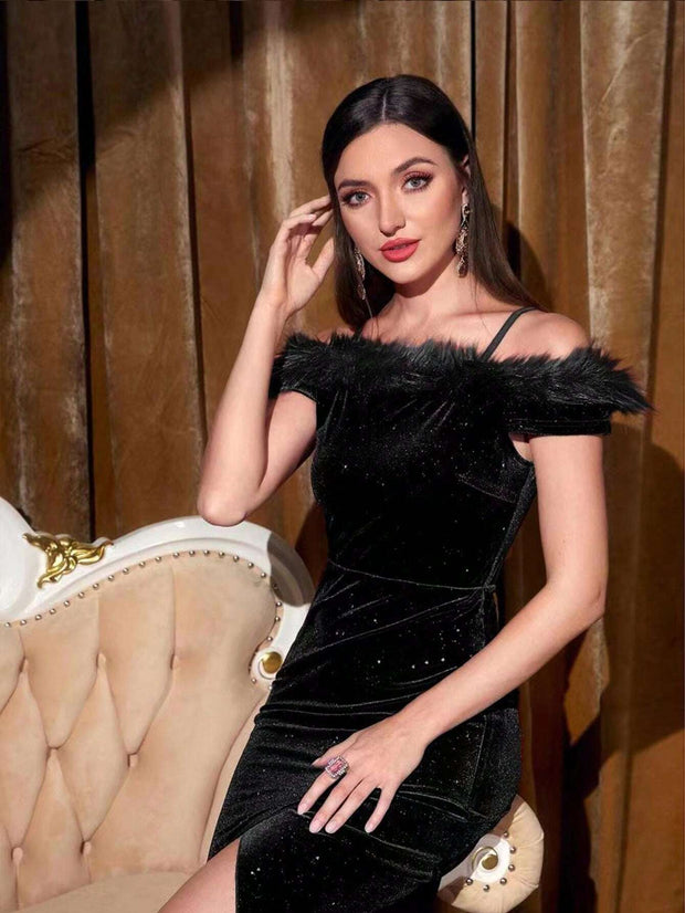 Modely Fuzzy Trim Cold Shoulder Split Thigh Velvet Dress - Hues