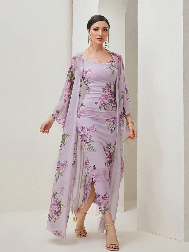 Modely Floral Print Cami Dress & Open Front Coat - Hues