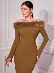 Modely Off Shoulder Fuzzy Trim Bodycon Sweater Dress - Hues