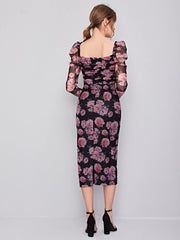 SHEIN Clasi Ruched Detail Gigot Sleeve Floral Mesh Dress