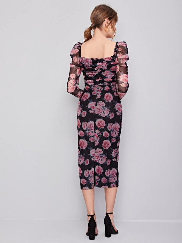 SHEIN Clasi Ruched Detail Gigot Sleeve Floral Mesh Dress