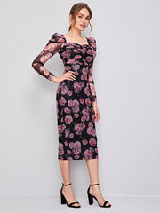 SHEIN Clasi Ruched Detail Gigot Sleeve Floral Mesh Dress
