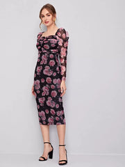 SHEIN Clasi Ruched Detail Gigot Sleeve Floral Mesh Dress