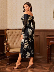 Modelyn Asymmetrical Neck Floral Print Split Hem Ruched Side Mesh Date Night Bodycon Dress