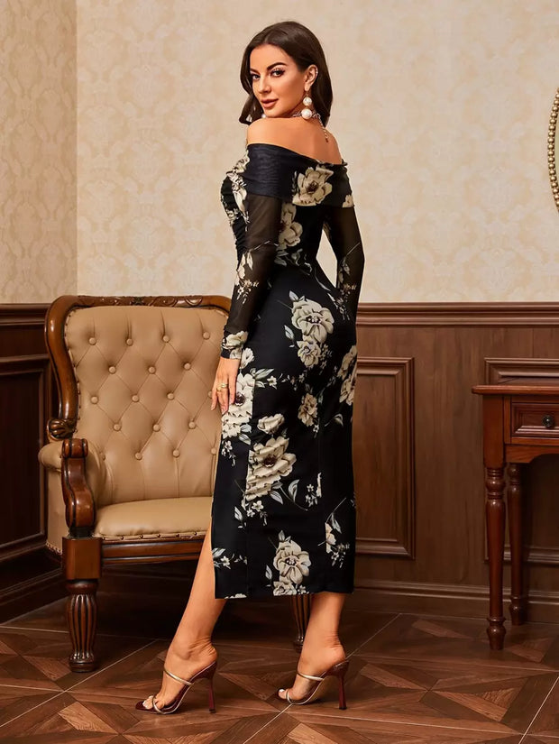 Modelyn Asymmetrical Neck Floral Print Split Hem Ruched Side Mesh Date Night Bodycon Dress