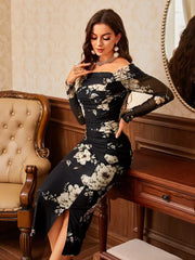 Modelyn Asymmetrical Neck Floral Print Split Hem Ruched Side Mesh Date Night Bodycon Dress