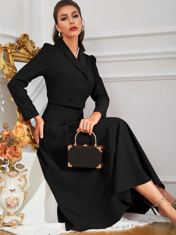 Modelyn Solid Double Breasted Shawl Collar Blazer & Skirt