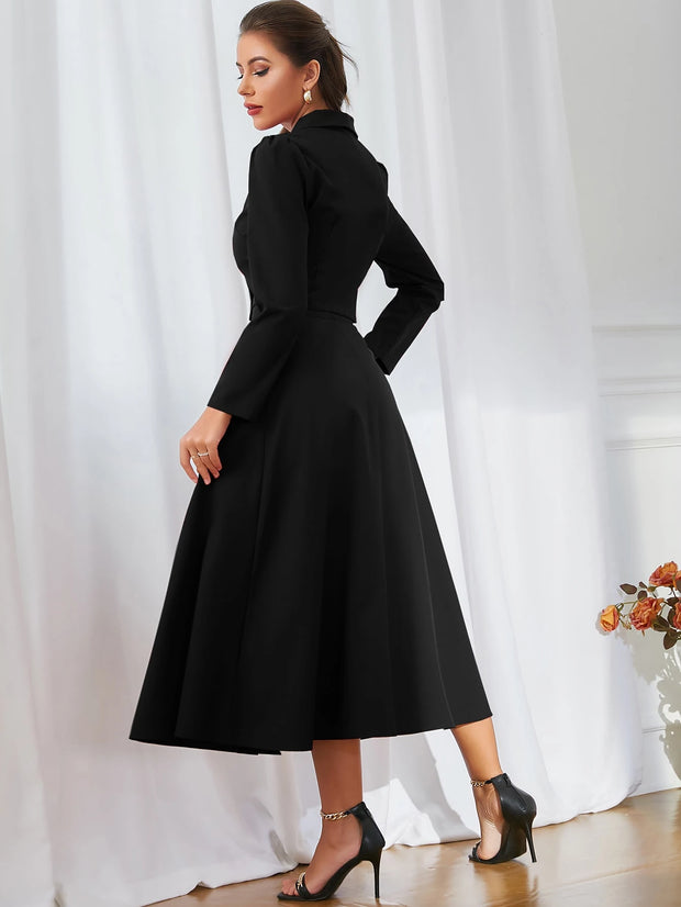 Modelyn Solid Double Breasted Shawl Collar Blazer & Skirt