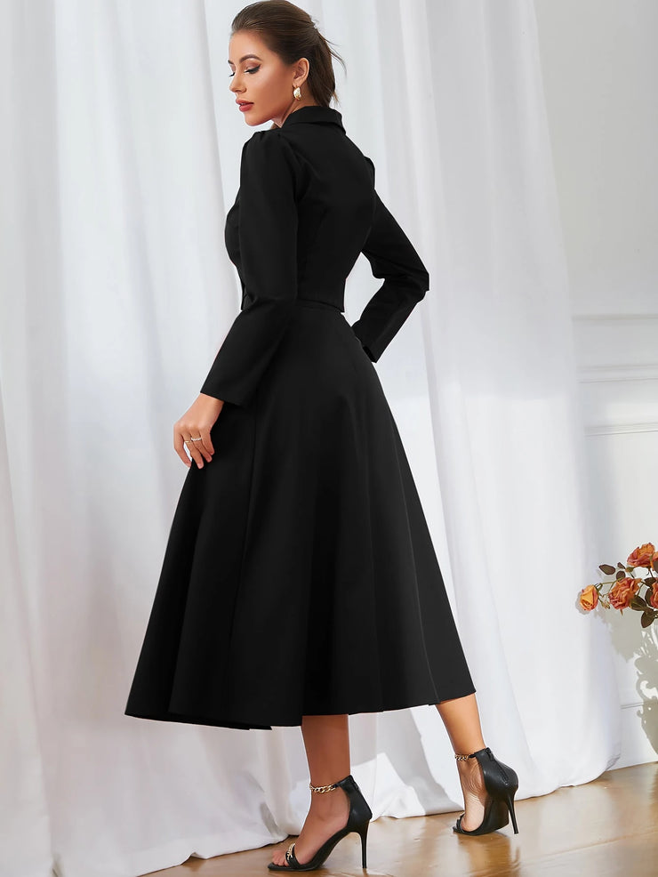 Modelyn Solid Double Breasted Shawl Collar Blazer & Skirt