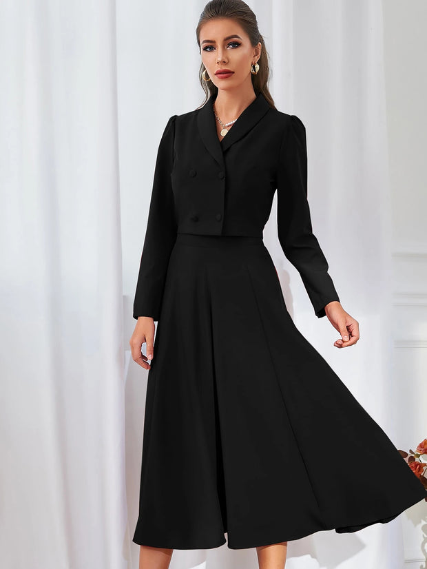 Modelyn Solid Double Breasted Shawl Collar Blazer & Skirt