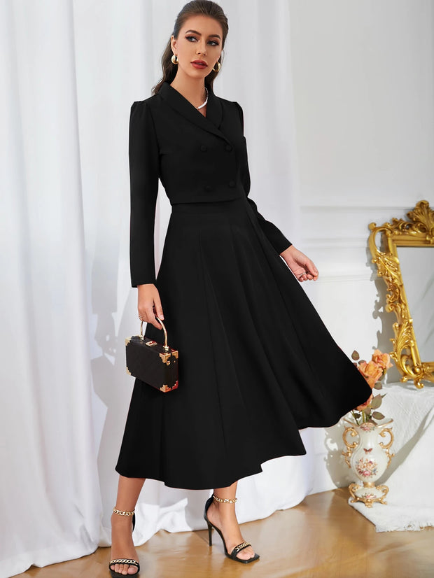 Modelyn Solid Double Breasted Shawl Collar Blazer & Skirt