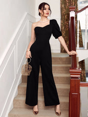 SHEIN Unity One Shoulder Puff Sleeve Solid Jumpsuit