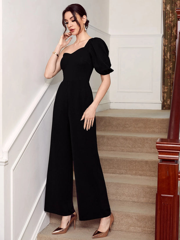 SHEIN Unity One Shoulder Puff Sleeve Solid Jumpsuit