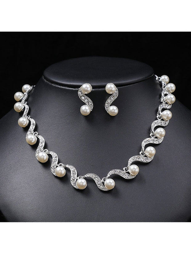 New Fashion Elegant Pearl Bridal Jewelry Sets Silver Color Crystal Alloy Earrings & Necklace Sets