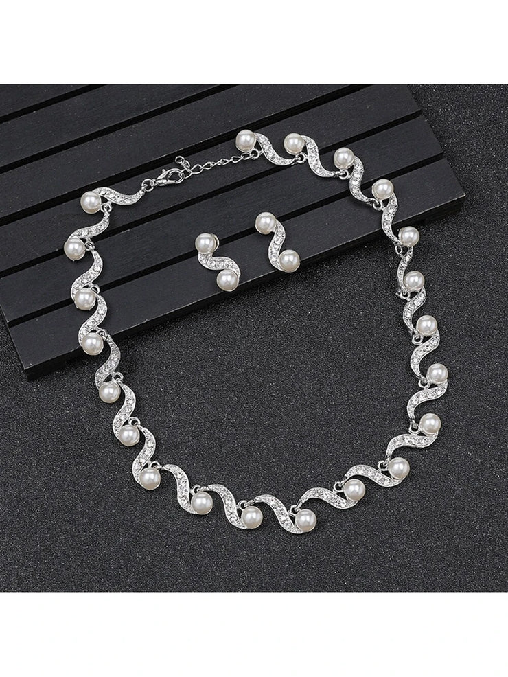 New Fashion Elegant Pearl Bridal Jewelry Sets Silver Color Crystal Alloy Earrings & Necklace Sets
