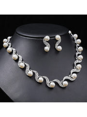 New Fashion Elegant Pearl Bridal Jewelry Sets Silver Color Crystal Alloy Earrings & Necklace Sets