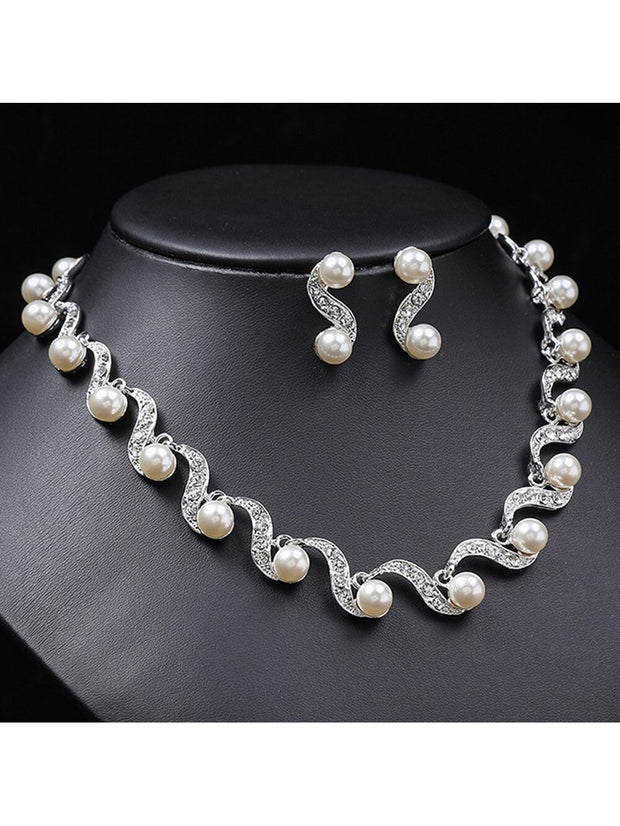 New Fashion Elegant Pearl Bridal Jewelry Sets Silver Color Crystal Alloy Earrings & Necklace Sets
