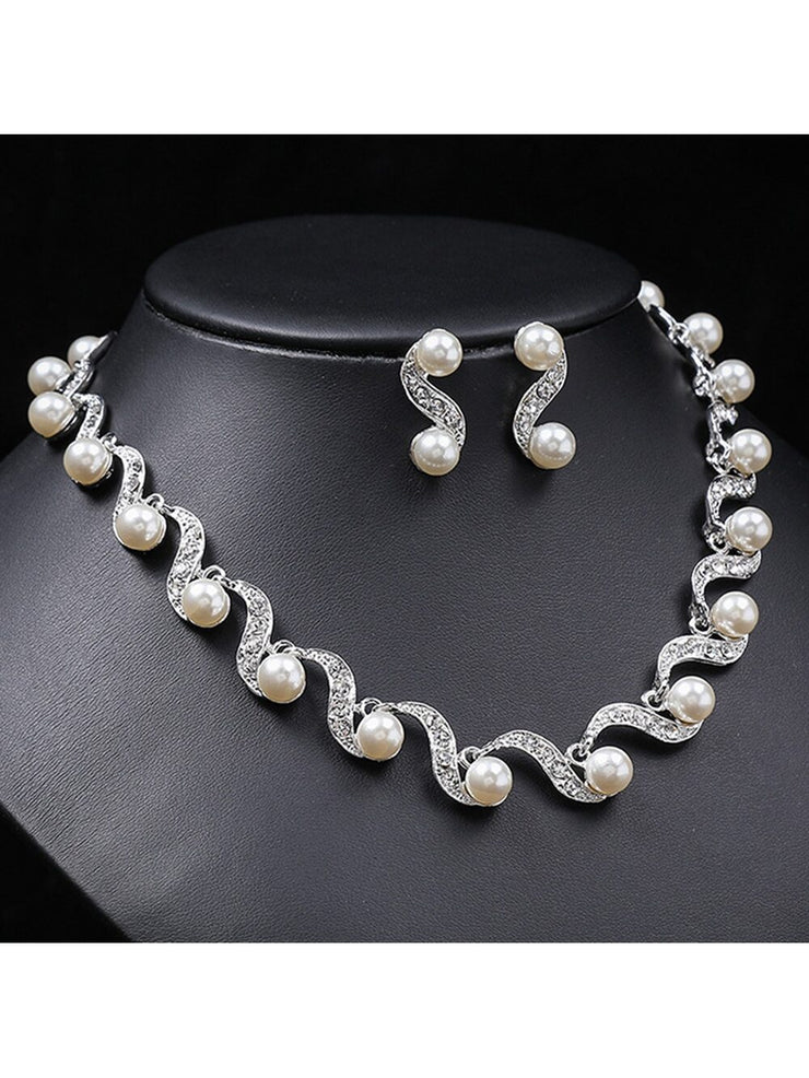 New Fashion Elegant Pearl Bridal Jewelry Sets Silver Color Crystal Alloy Earrings & Necklace Sets