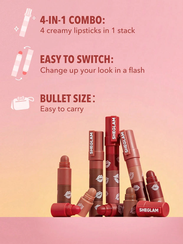SHEGLAM Mega Lip Stacks 4 In 1 Creamy-Matte Brown Portable Travel Lipstick Kit