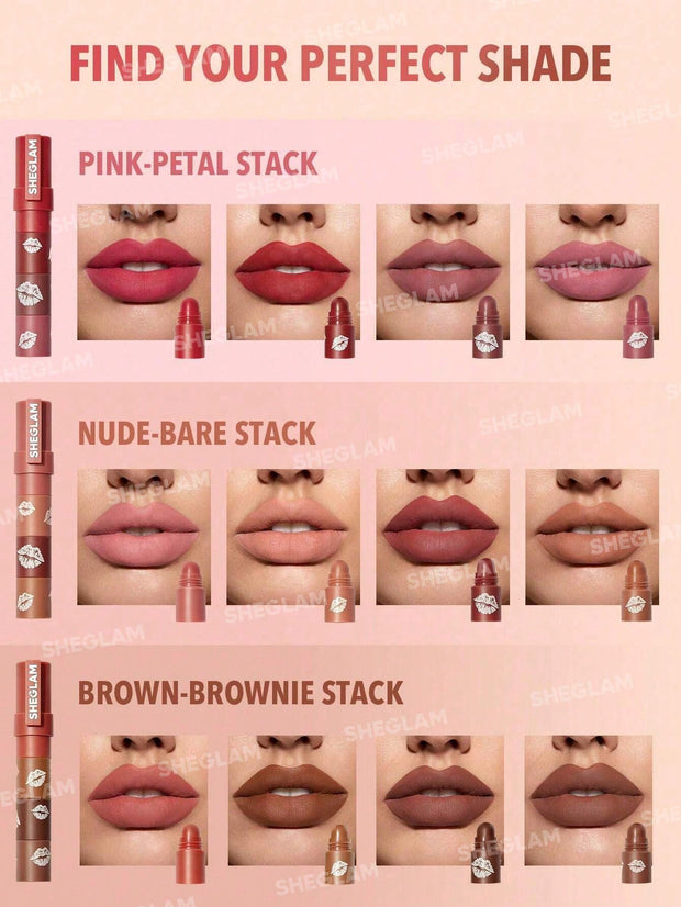 SHEGLAM Mega Lip Stacks 4 In 1 Creamy-Matte Brown Portable Travel Lipstick Kit