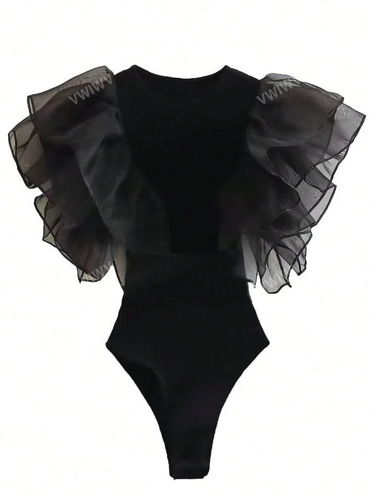 Women's Romantic Slim Black Elements Mesh Sexy Bodysuit