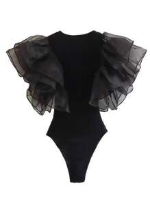 Women's Romantic Slim Black Elements Mesh Sexy Bodysuit