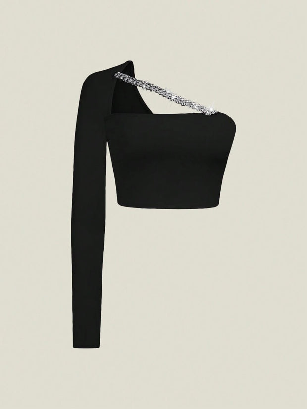 SHEIN ICON Asymmetrical Slim Fit T-Shirt With Chain Decoration