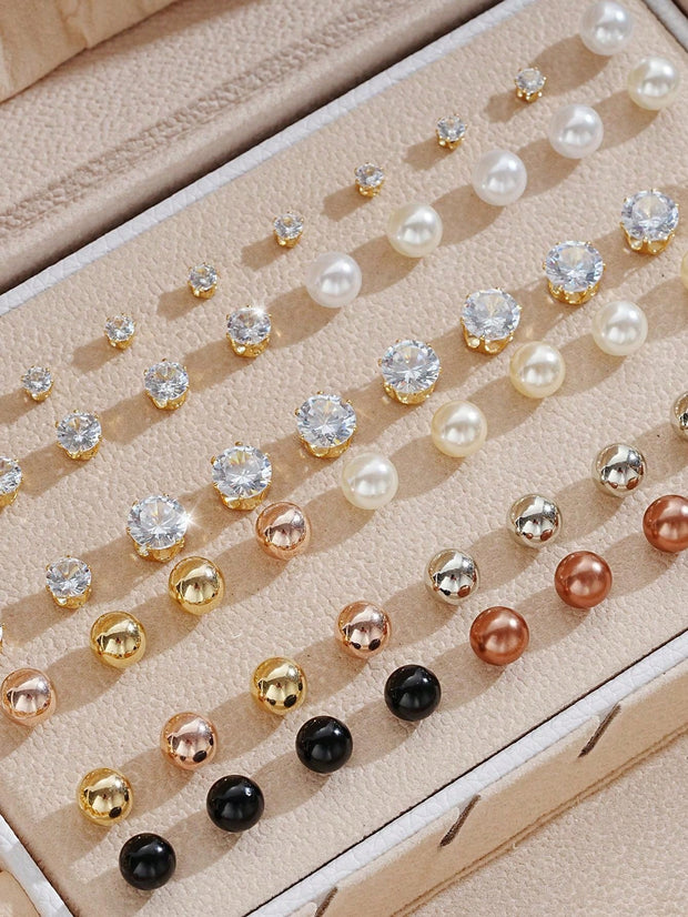 48pcs Simple Rhinestone Faux Pearl Ear Studs (Without Box)