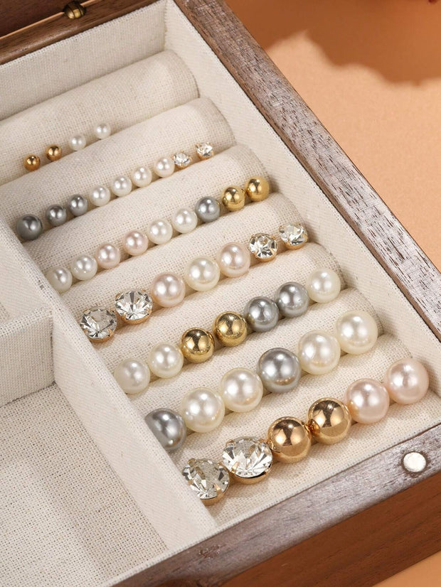 48pcs Simple Rhinestone Faux Pearl Ear Studs (Without Box)