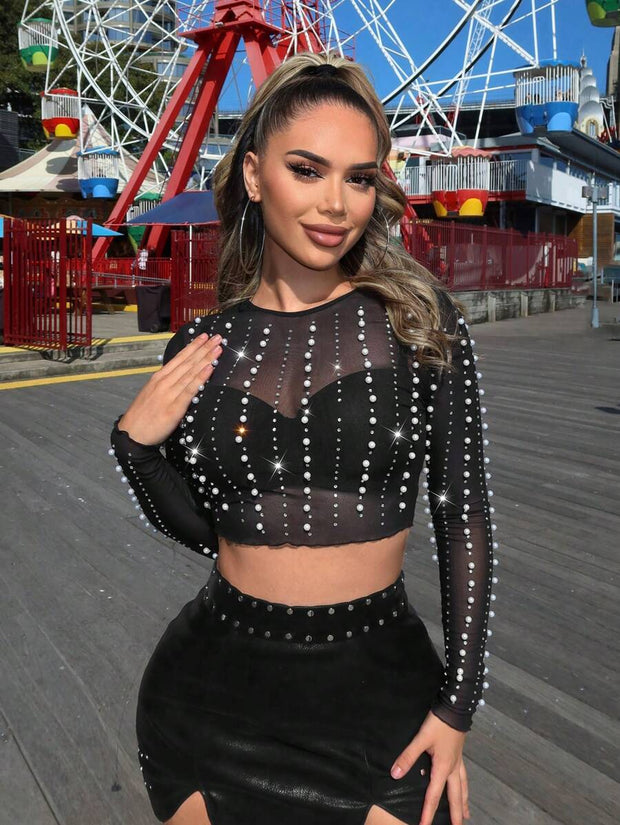 Studded Rhinestone Faux Pearls And Rhinestones Decorated Black Sheer Cropped Wear Women Outfits