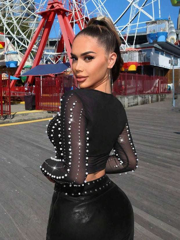 Studded Rhinestone Faux Pearls And Rhinestones Decorated Black Sheer Cropped Wear Women Outfits