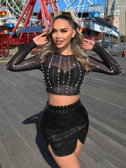Studded Rhinestone Faux Pearls And Rhinestones Decorated Black Sheer Cropped Wear Women Outfits