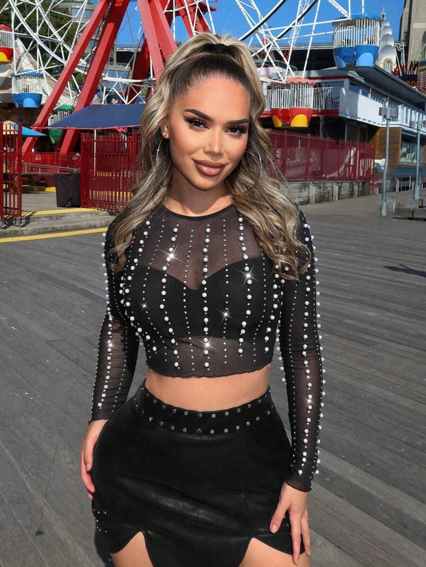 Studded Rhinestone Faux Pearls And Rhinestones Decorated Black Sheer Cropped Wear Women Outfits