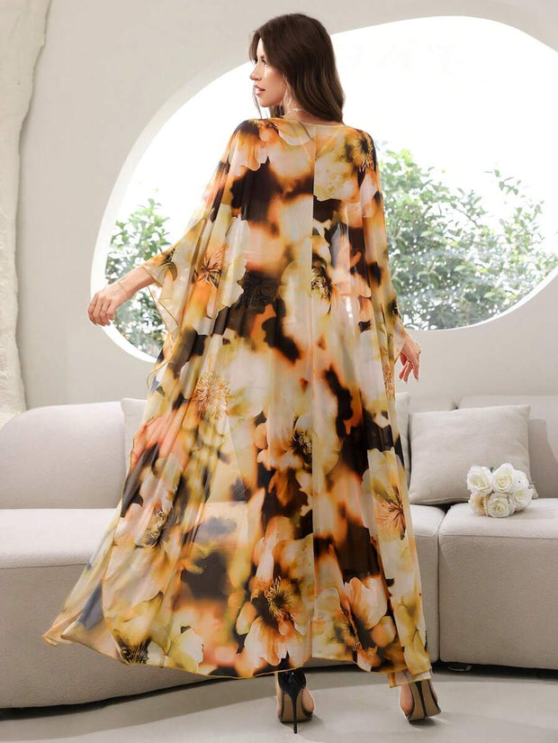 Modelyn Ladies' Random Printed Shawl Coat Dress Two-Piece Suit 2 Piece Set