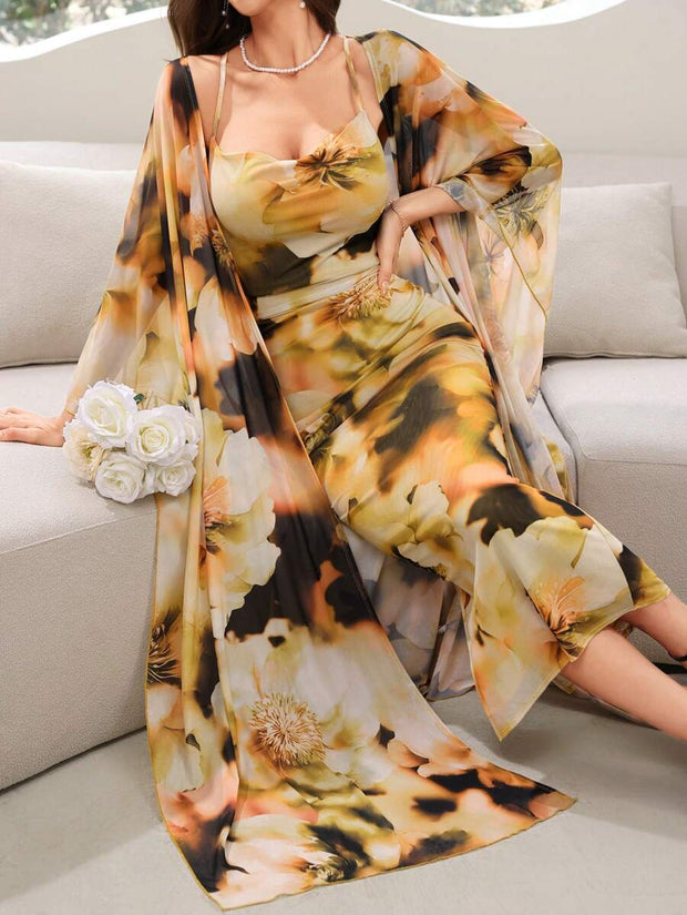 Modelyn Ladies' Random Printed Shawl Coat Dress Two-Piece Suit 2 Piece Set