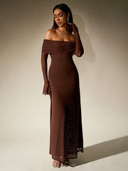 PARTHEA Off Shoulder Ruched Sequin Mesh Long Dress