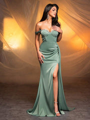 Glamrae Elegant Rhinestone Flower Neckline Side Slit Fishtail Maxi Formal Dress
