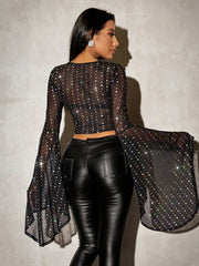 Studded Rhinestone Faux Pearls And Rhinestones Decorated Black Sheer Top Outfits