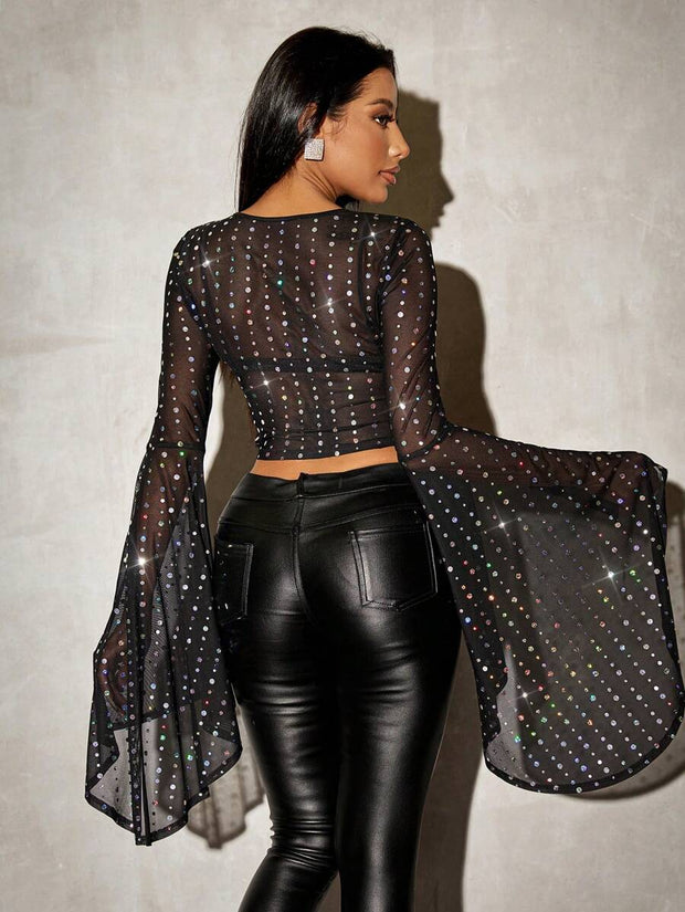 Studded Rhinestone Faux Pearls And Rhinestones Decorated Black Sheer Top Outfits