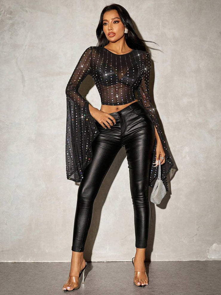 Studded Rhinestone Faux Pearls And Rhinestones Decorated Black Sheer Top Outfits