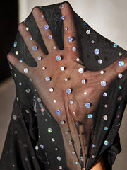 Studded Rhinestone Faux Pearls And Rhinestones Decorated Black Sheer Top Outfits