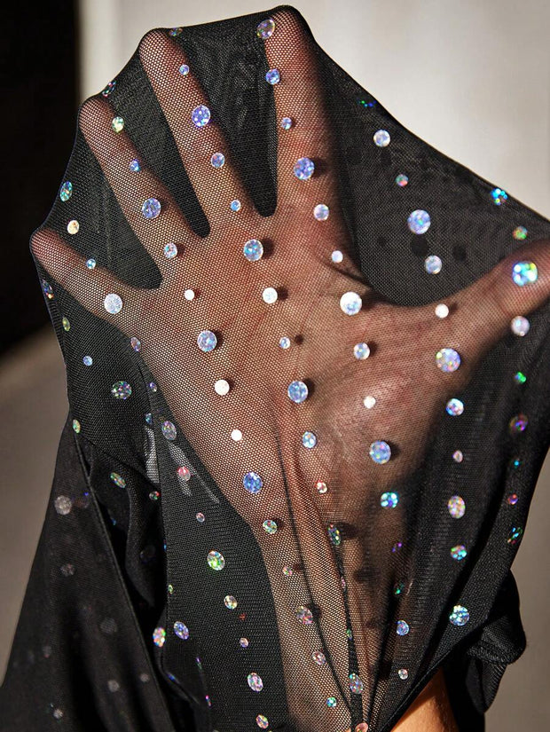 Studded Rhinestone Faux Pearls And Rhinestones Decorated Black Sheer Top Outfits